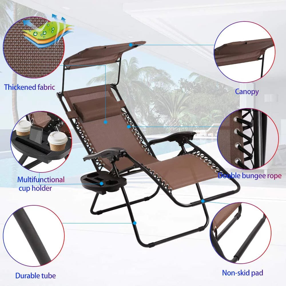 Zero Gravity Chair Set of 2 Folding Recliner with Canopy and Cup Holder Brown B788