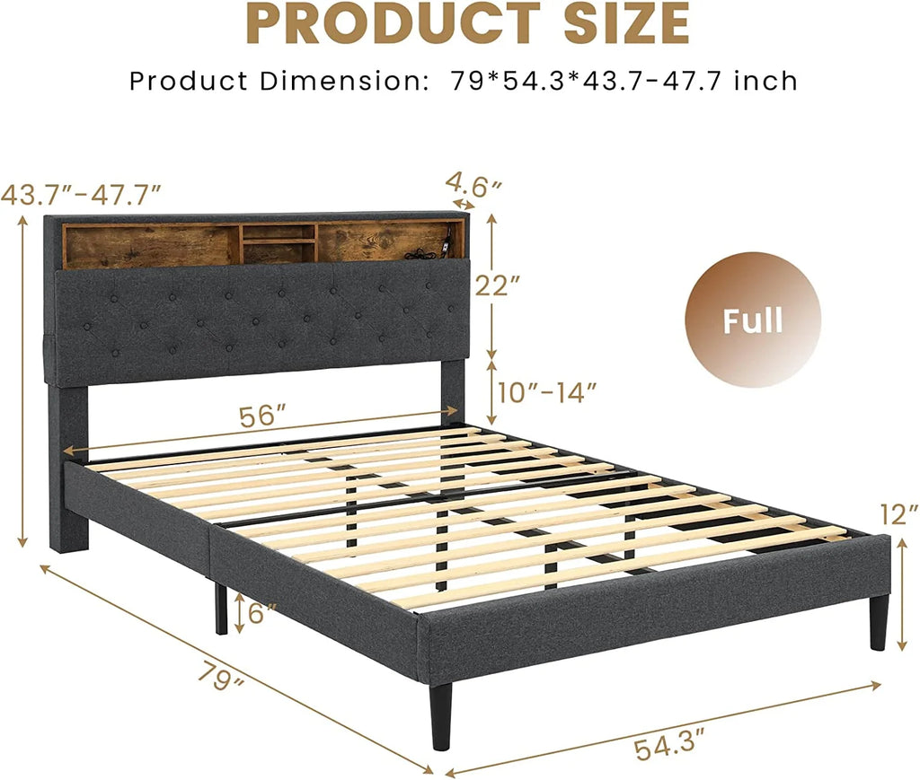 Full Size Platform Bed Frame with LED Headboard, Outlets and USB Ports, Dark Grey E154