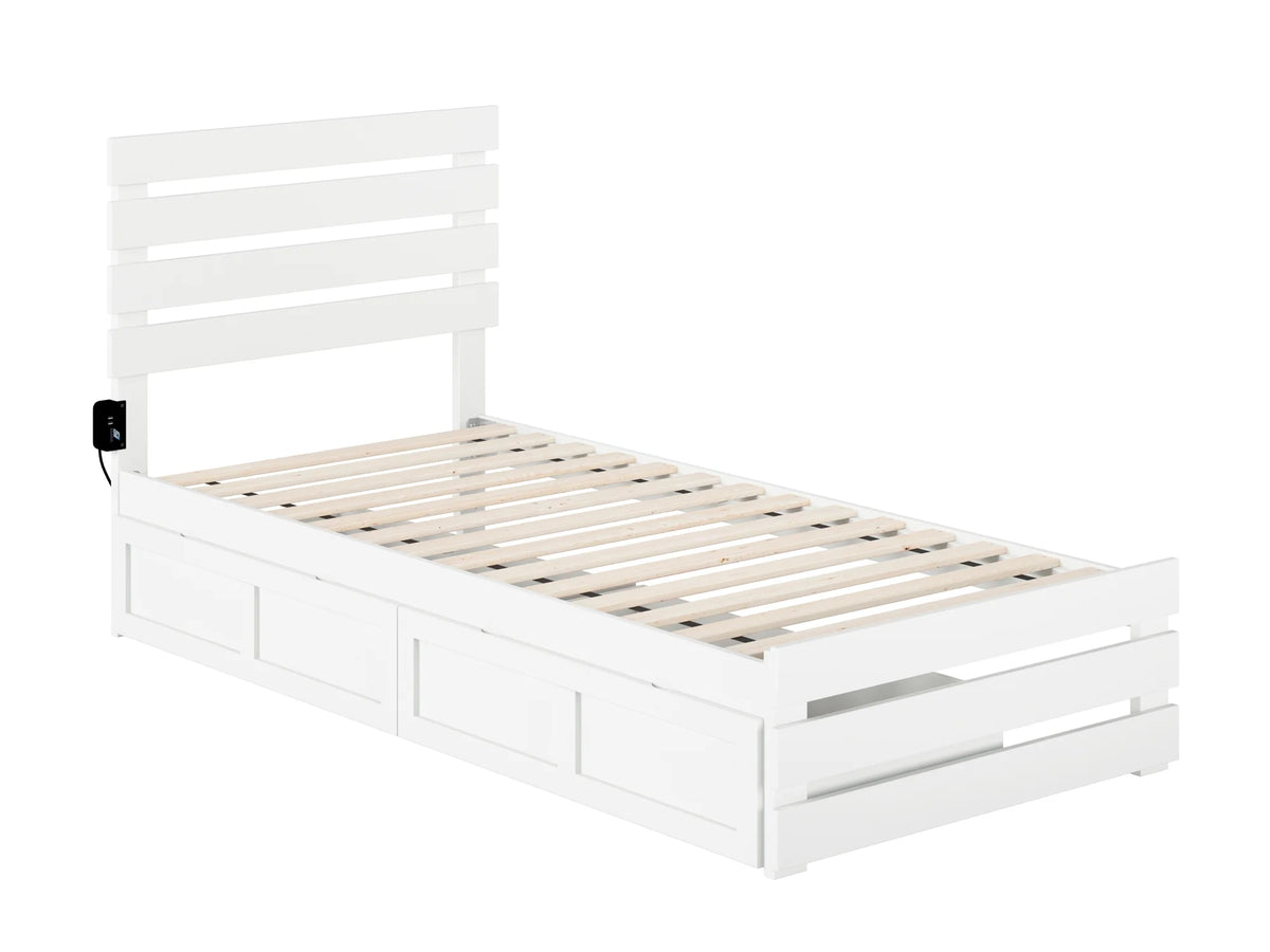 White Twin Extra Long Bed with Footboard and 2 Drawers P734