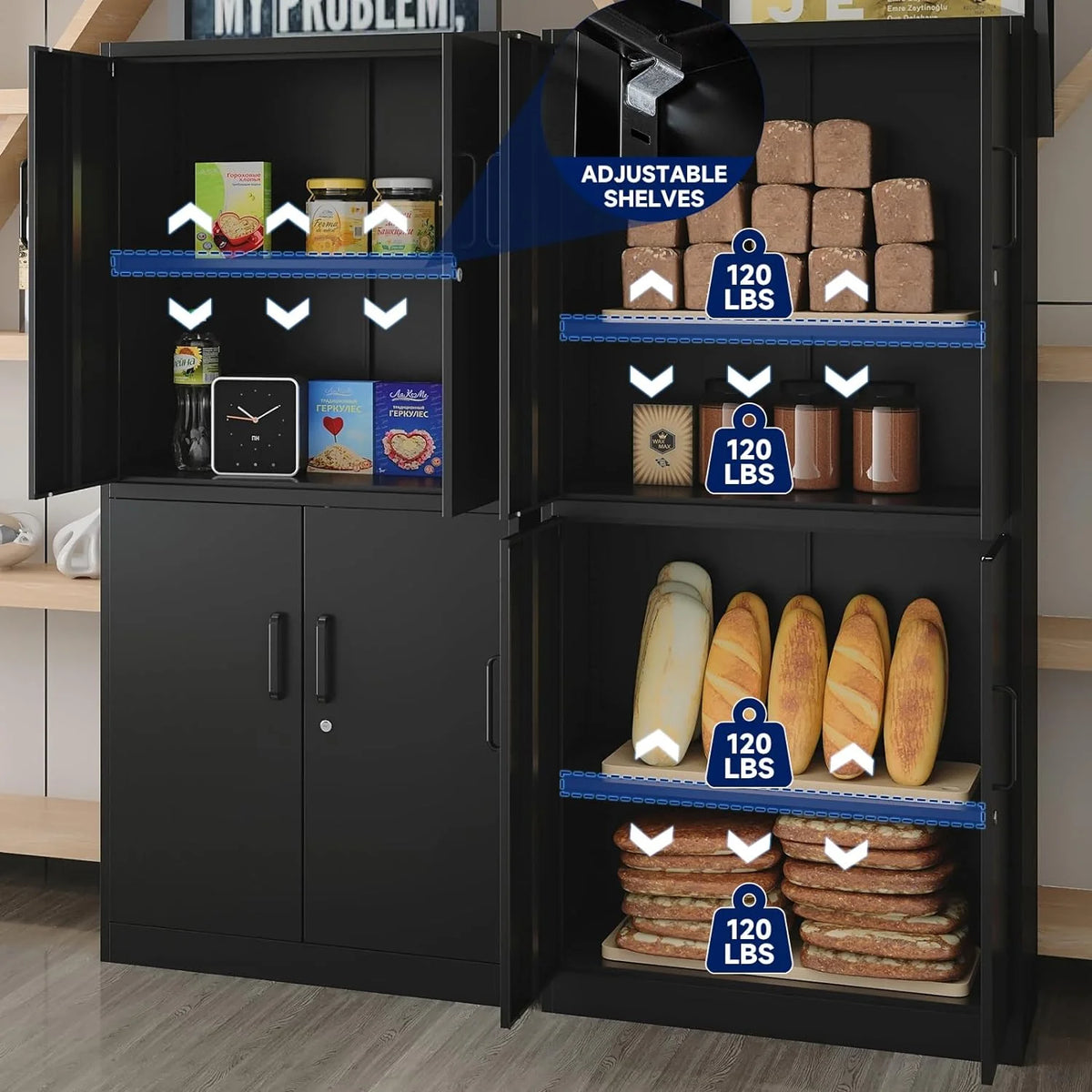 Black Metal Locking Storage Cabinet with 4 Doors and 2 Adjustable Shelves Q6804