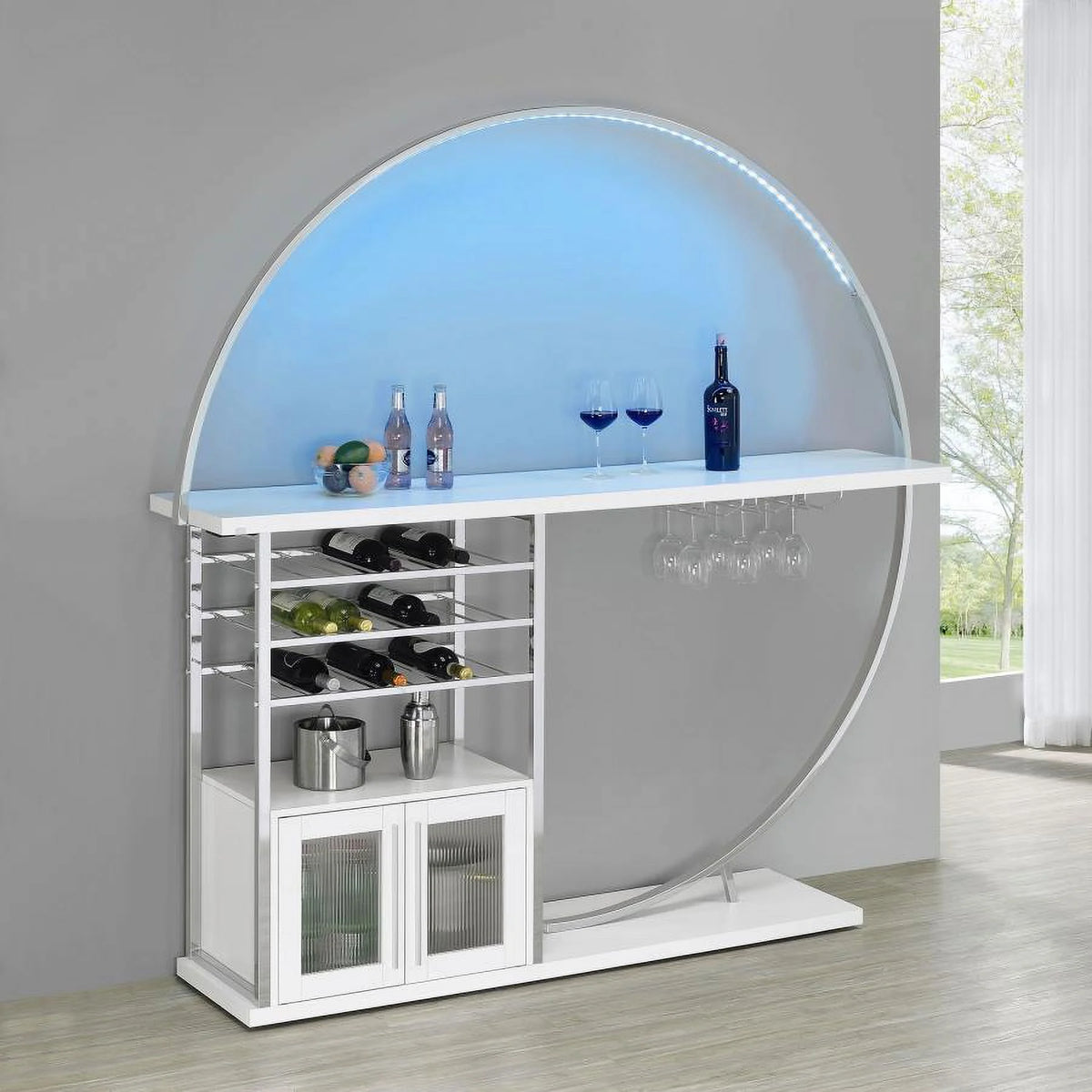 2-door Circular LED Home Bar with Wine Storage White High Gloss C2903