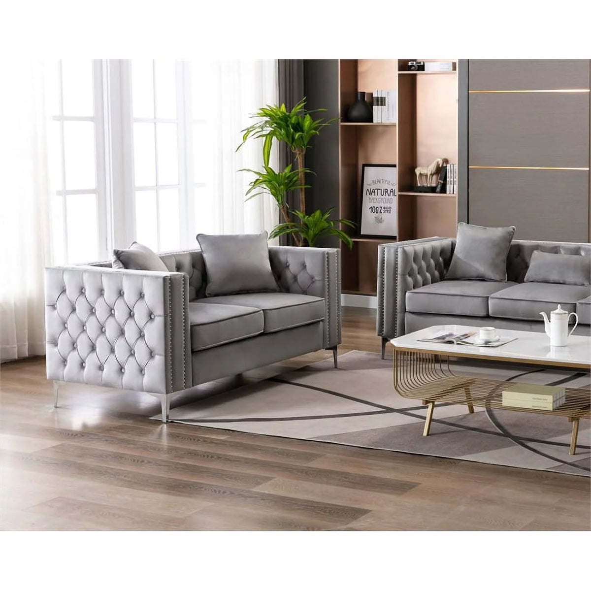 2 Piece Velvet Loveseat and Chair Set in Gray A4261