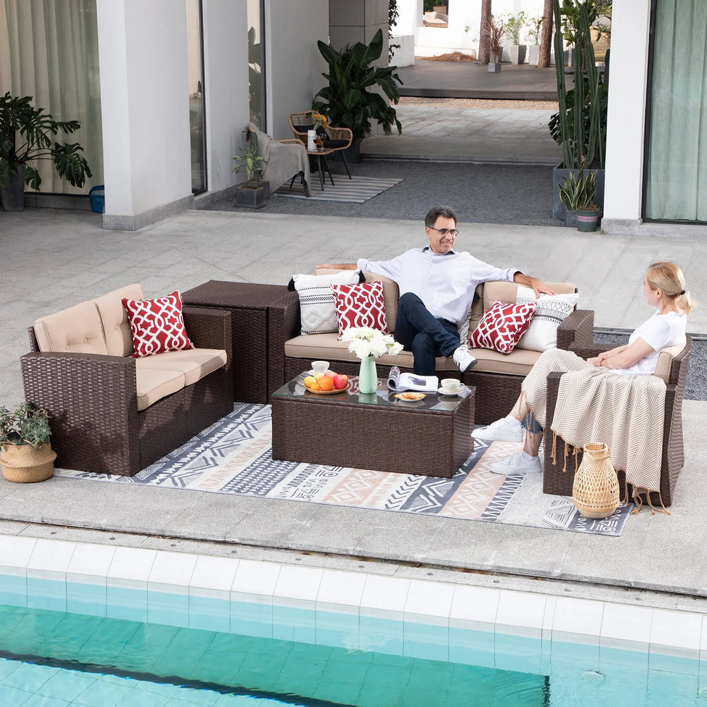 8 Pc Wicker Rattan Outdoor Furniture Set with Storage Box J65511