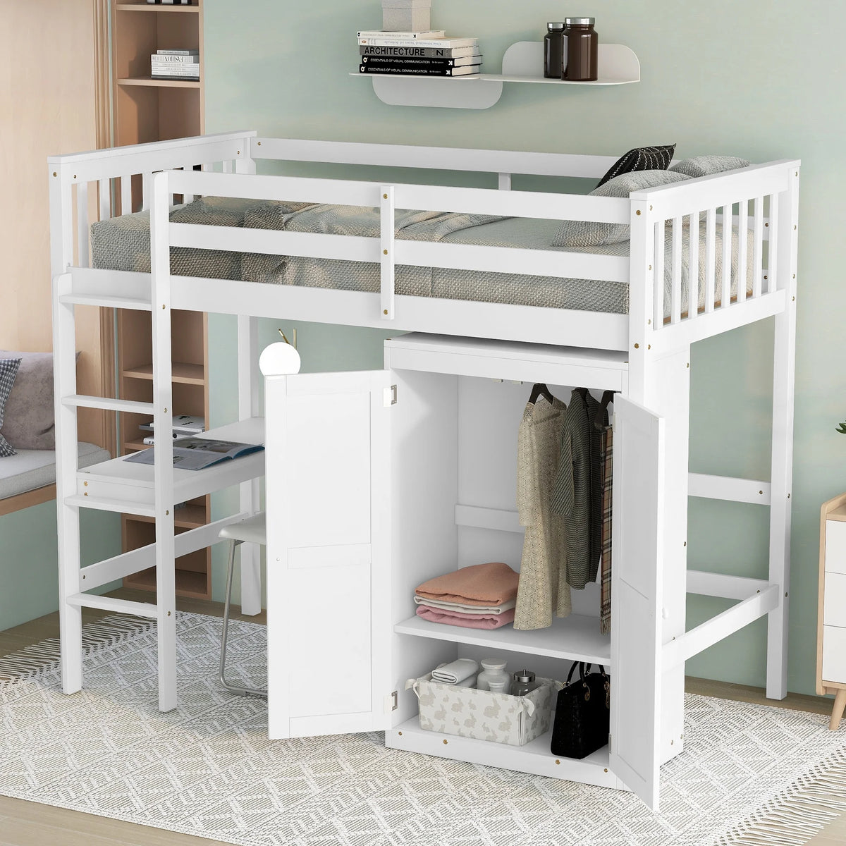 White Twin Loft Bed Frame with Desk and Wardrobe G68091