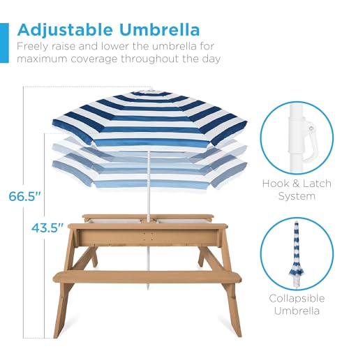 Kids 3-in-1 Sand & Water Table Wood Picnic Table with Umbrella F27085