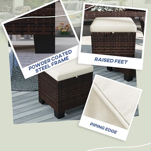 2 Pieces Cream White Wicker Outdoor Ottomans with Removable Cushions J549885