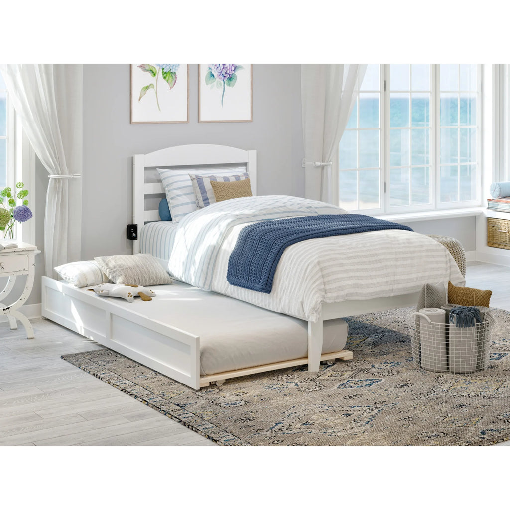 White Solid Wood Twin Bed with Trundle and USB Charger U634