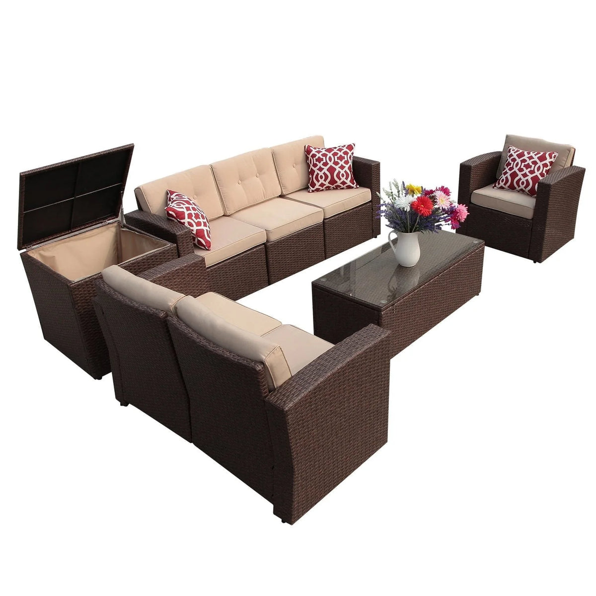 8 Pc Wicker Rattan Outdoor Furniture Set with Storage Box J65511