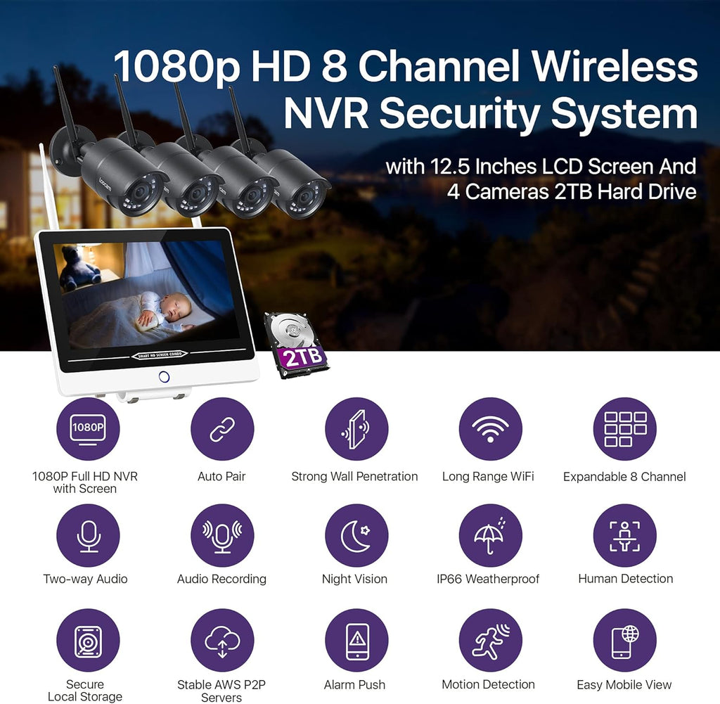 12.5inch LCD Monitor 1080P 8CH NVR 2TB HDD Wireless Video Surveillance System E6802