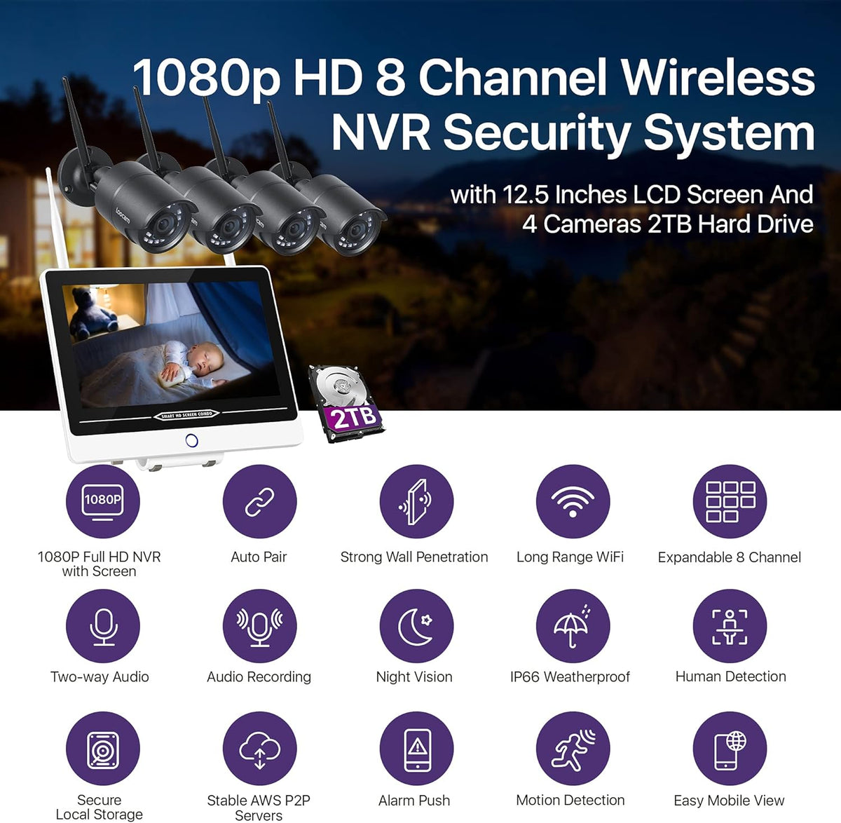 12.5inch LCD Monitor 1080P 8CH NVR 2TB HDD Wireless Video Surveillance System E6802