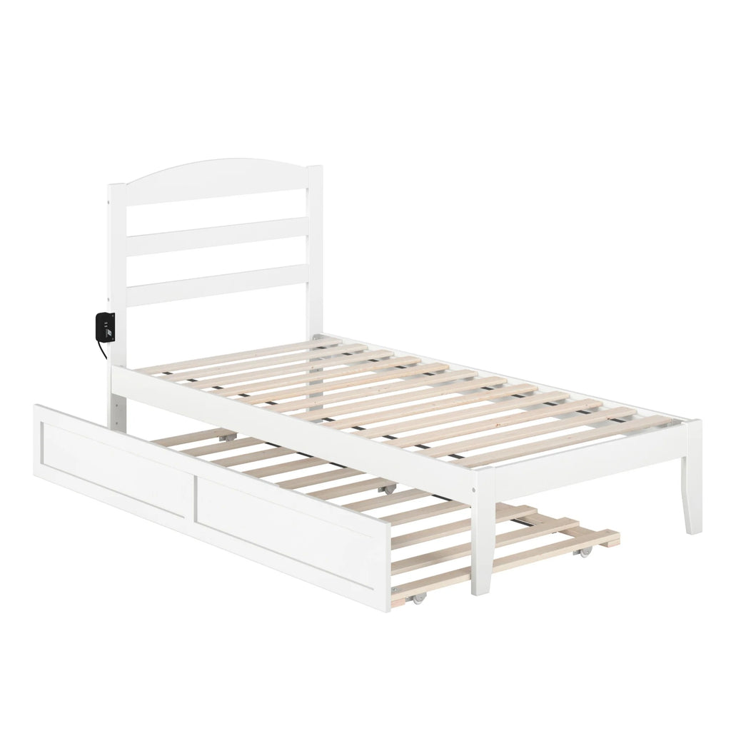 White Solid Wood Twin Bed with Trundle and USB Charger U634