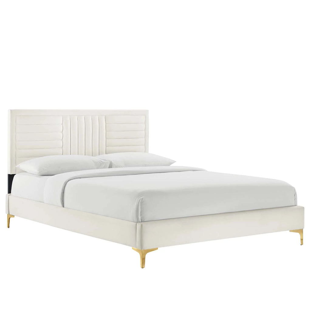 White Channel Tufted Velvet Twin Platform Bed F31697