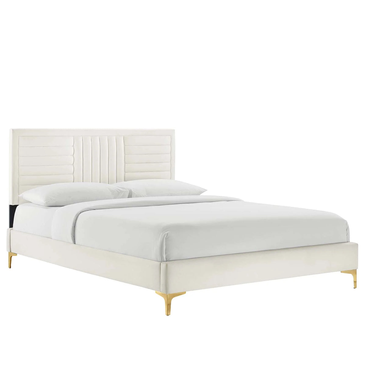 White Channel Tufted Velvet Twin Platform Bed F31697