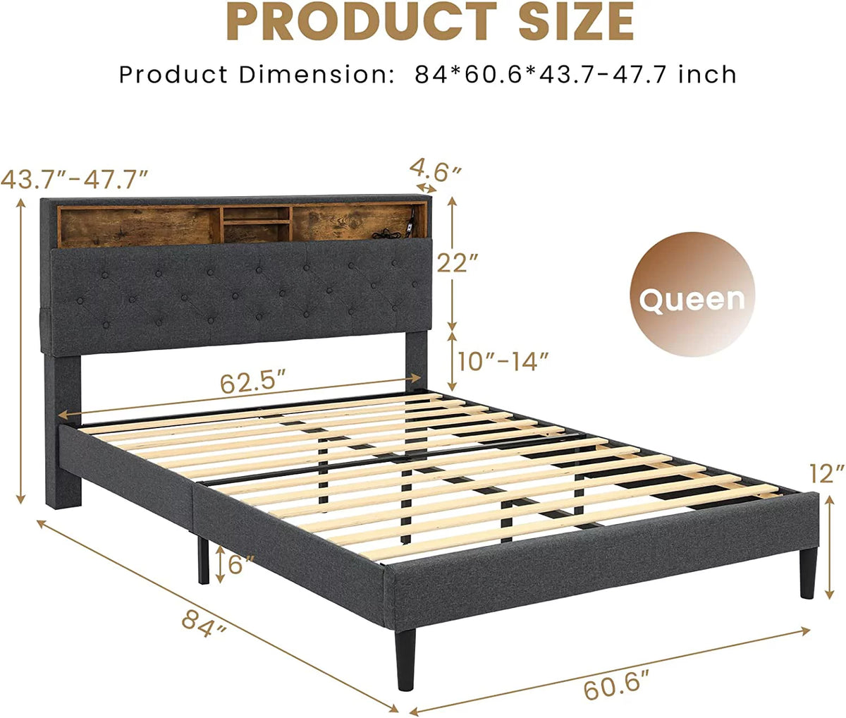 Full Size Platform Bed Frame with LED Headboard, Outlets and USB Ports, Dark Grey E154