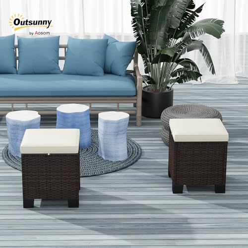 2 Pieces Cream White Wicker Outdoor Ottomans with Removable Cushions J549885