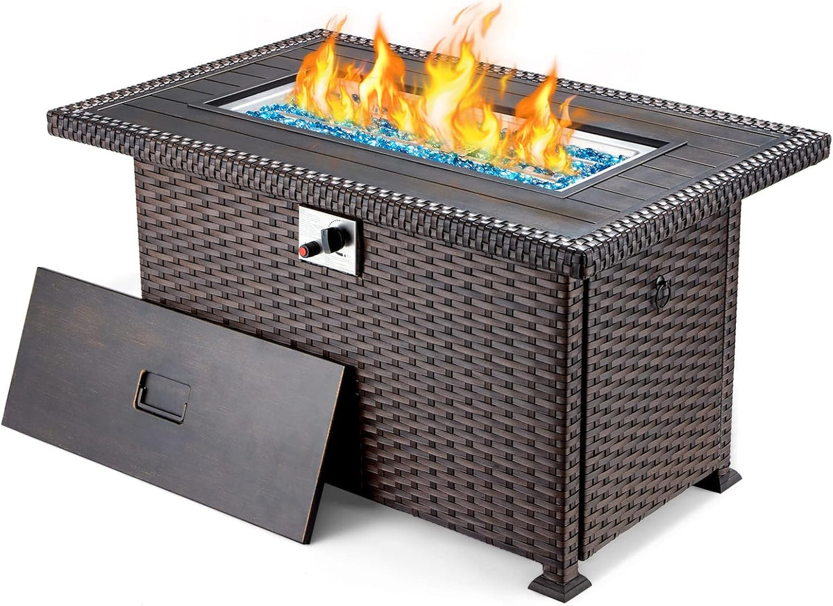 44in Propane Fire Pit Table with Lid Cover Glass Beads M958528