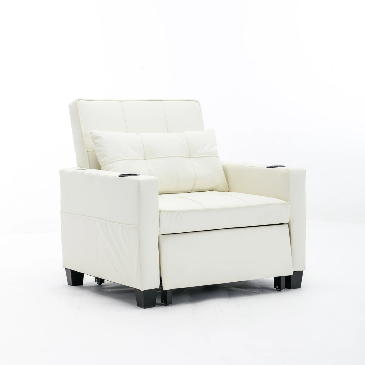 White Leather 3-In-1 Convertible Sleeper Chair Bed with USB Ports E97273