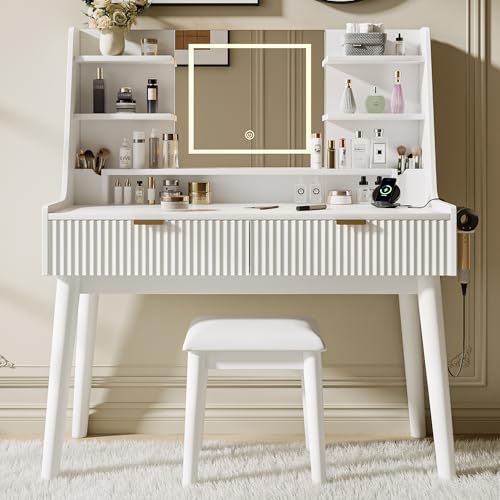 White Vanity Desk with Mirror and LED Lights Q306