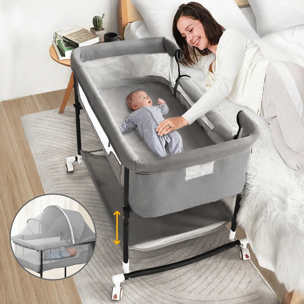 4 in 1 Adjustable Baby Bassinet with Changing Table, Storage Basket, Wheel, Mosquito Net B9678