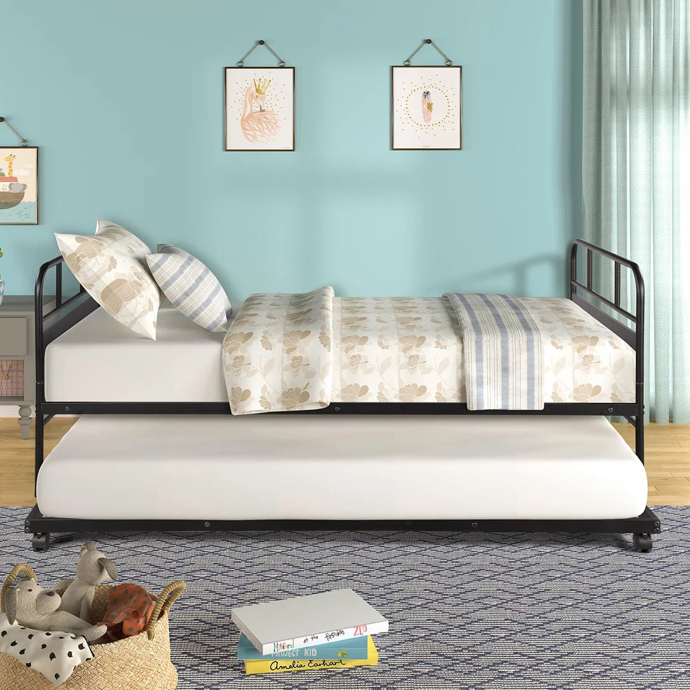 Twin Daybed with Trundle Metal Bed Frame Black U63387