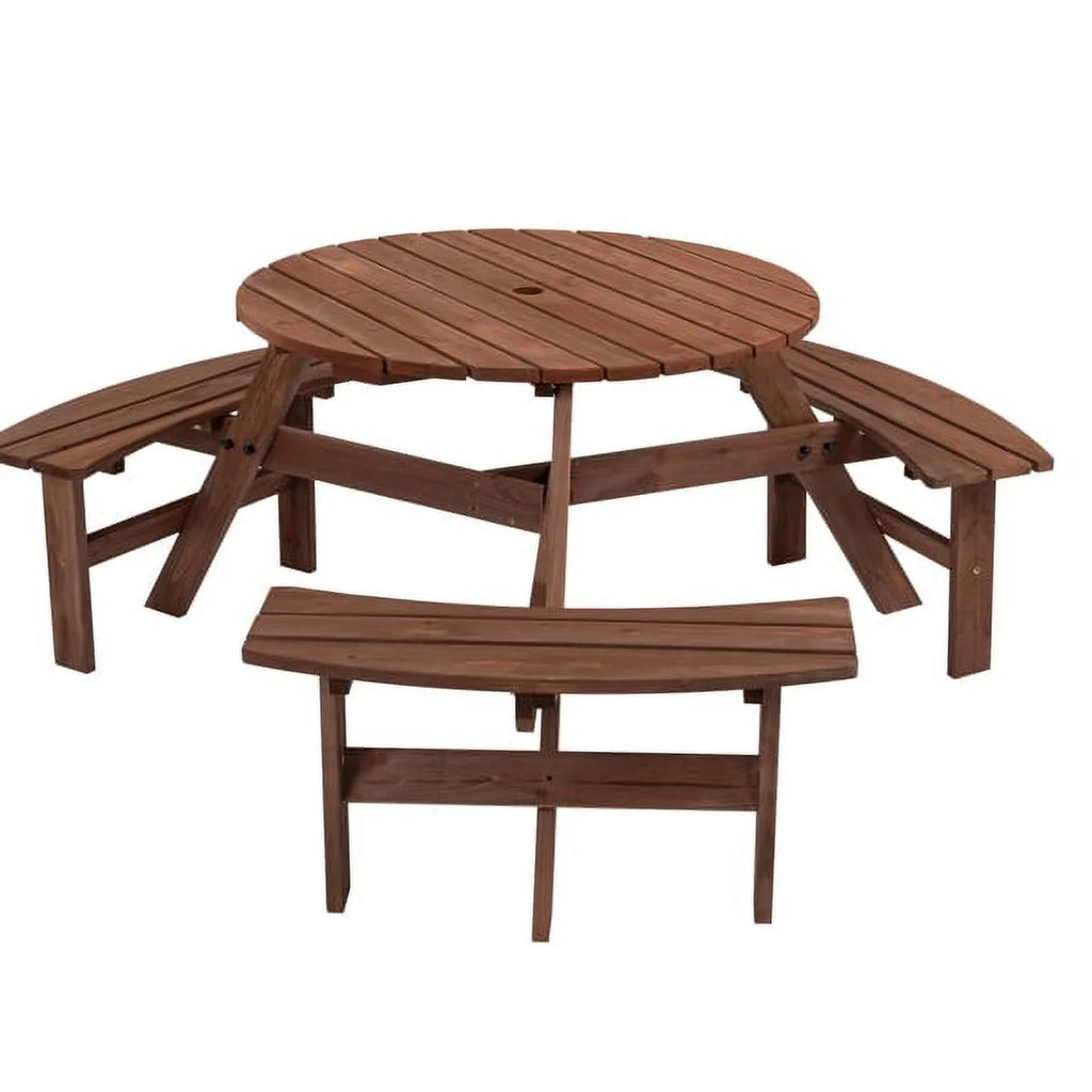 6-Person Circular Wooden Picnic Table with 3 Built-in Benches Z70216
