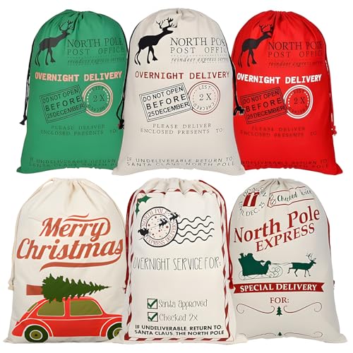 6 Pack Christmas Canvas Gift Bags with Drawstrings B753