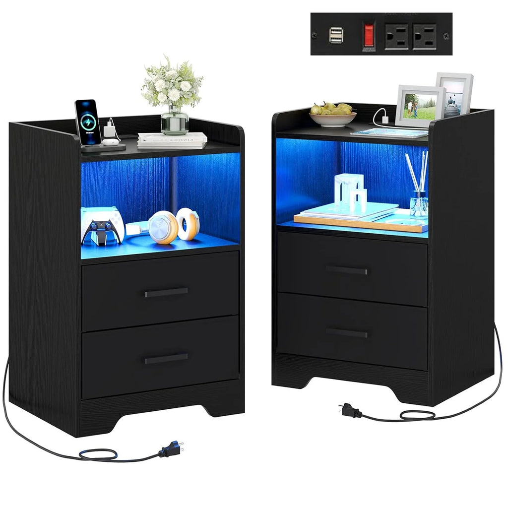 Black Set of 2 Nightstand with Outlets USB Ports LED Lights and 2 Fabric Drawers B529