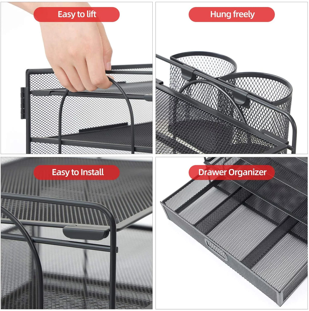 Black 4-Trays Mesh Desktop File Organizer with Drawer and Pen Holder T2759