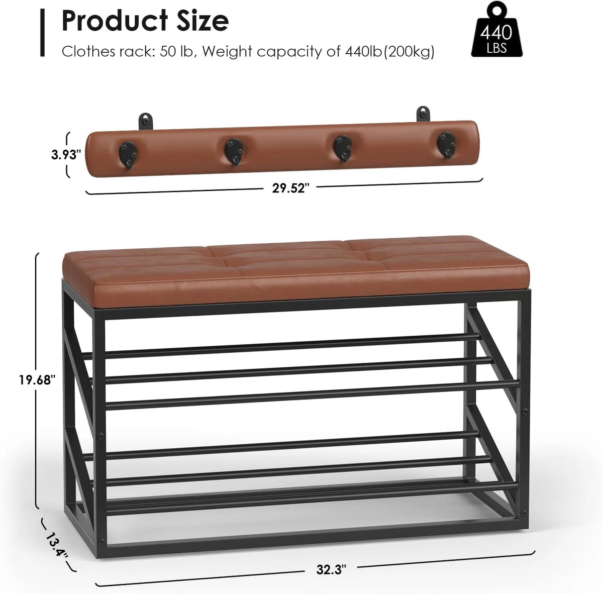 Brown Faux Leather Entryway Storage Bench with 4 Hooks S10704
