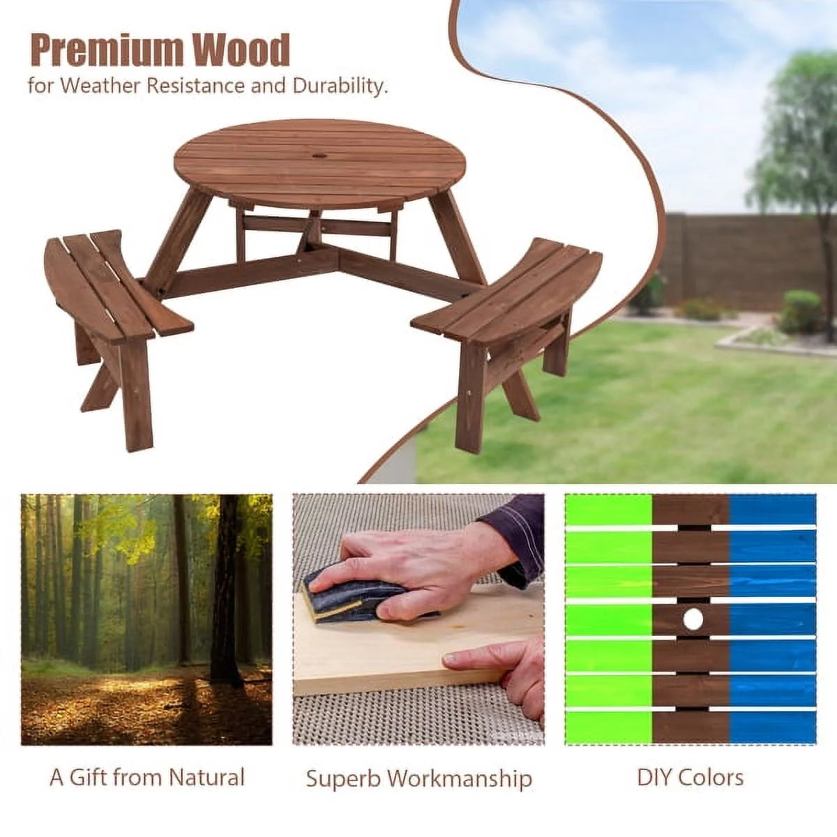 6-Person Circular Wooden Picnic Table with 3 Built-in Benches Z70216