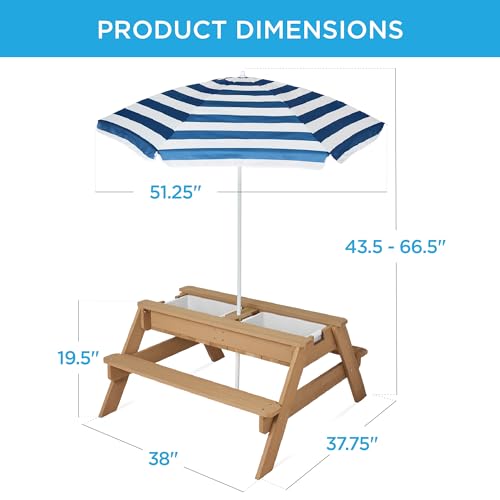 Kids 3-in-1 Sand & Water Table Wood Picnic Table with Umbrella F27085