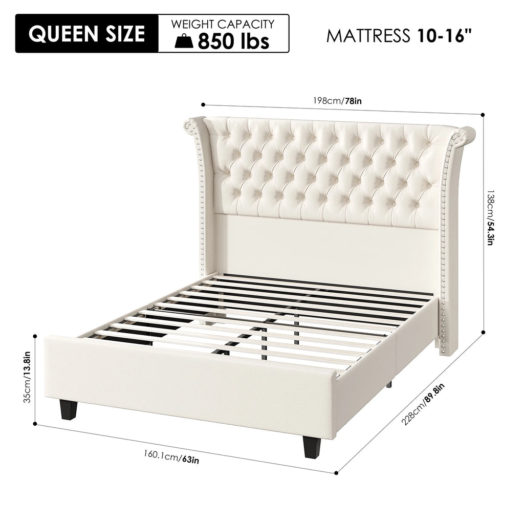 Queen Size White Velvet Upholstered Platform Bed O717
