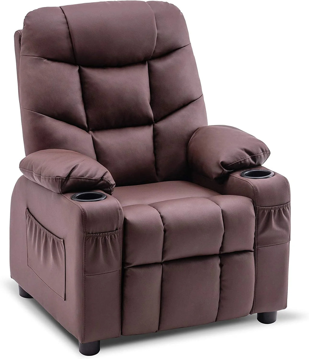 Light Brown Faux Leather Kids Recliner Chair with Cup Holders I6869
