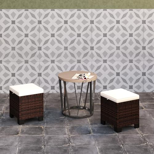 2 Pieces Cream White Wicker Outdoor Ottomans with Removable Cushions J549885