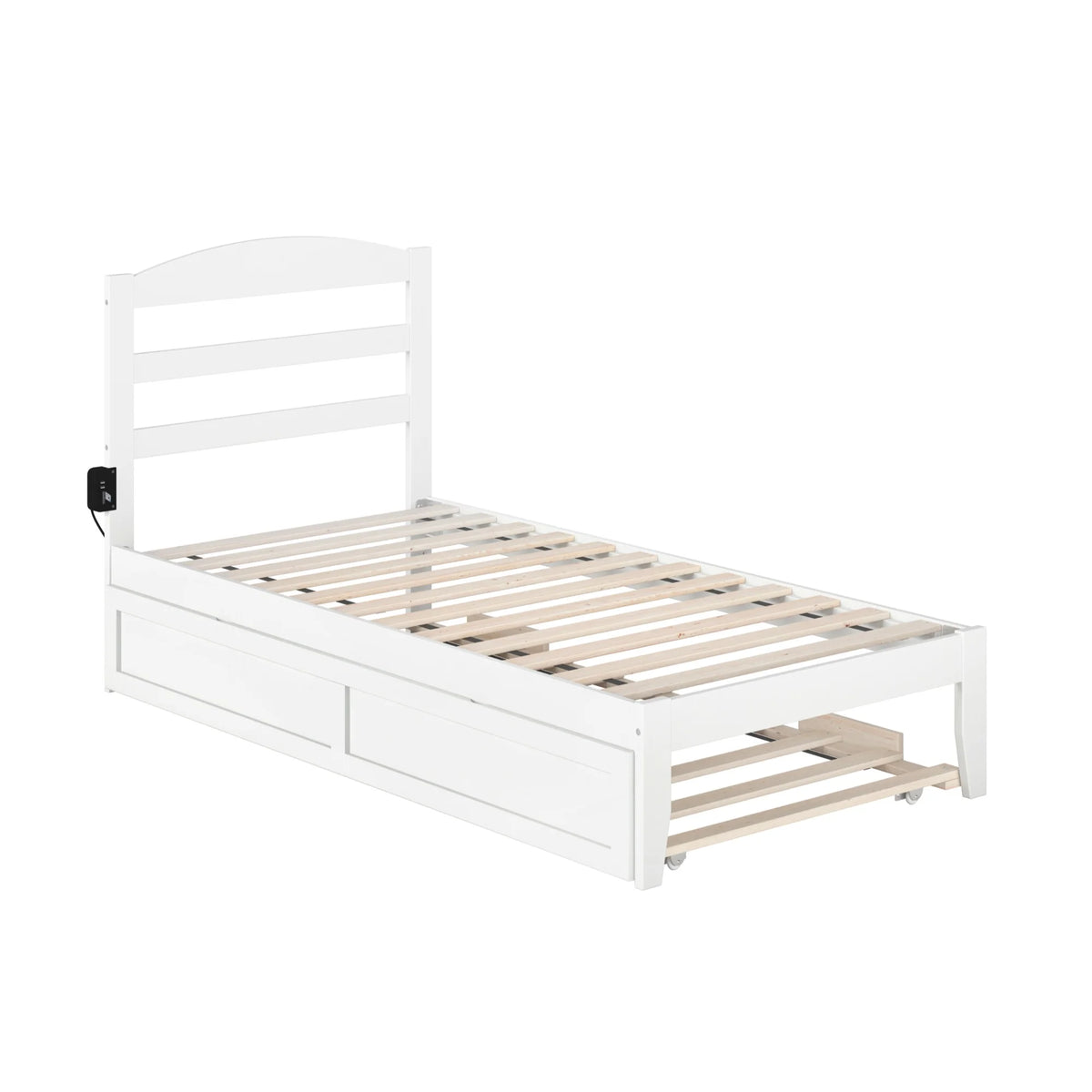 White Solid Wood Twin Bed with Trundle and USB Charger U634