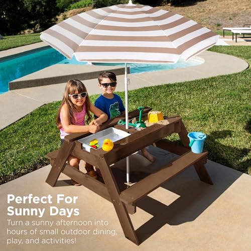 Kids 3-in-1 Sand & Water Table Wood Picnic Table with Umbrella F27085
