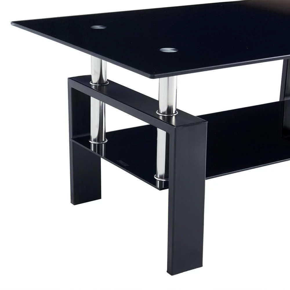 Rectangle Glass Coffee Table with Lower Shelf Metal Legs Z88644