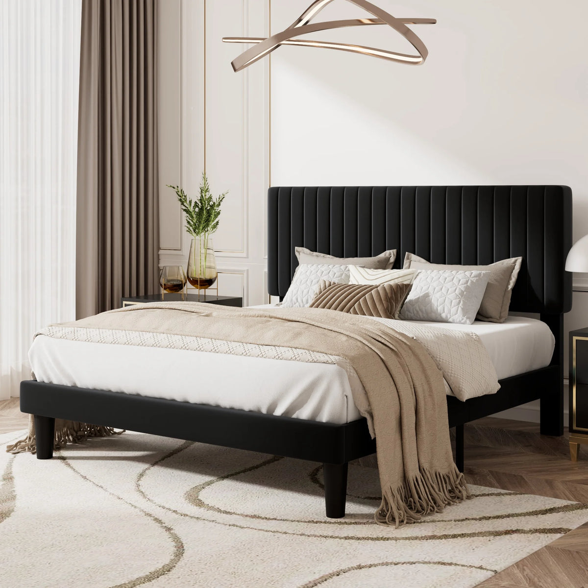 Queen Size Upholstered Platform Bed Frame with Velvet Headboard Q309355