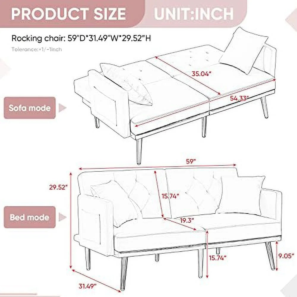 Convertible Futon Sofa Bed 59-inch Velvet Sleeper Sofa with Two Pillows P97236