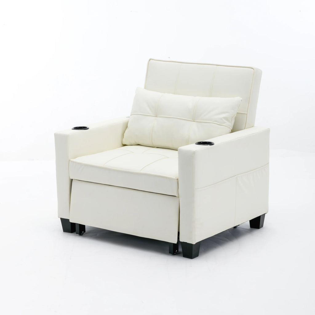 White Leather 3-In-1 Convertible Sleeper Chair Bed with USB Ports E97273