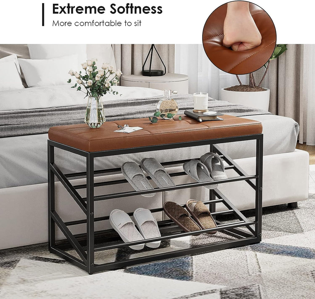 Brown Faux Leather Entryway Storage Bench with 4 Hooks S10704