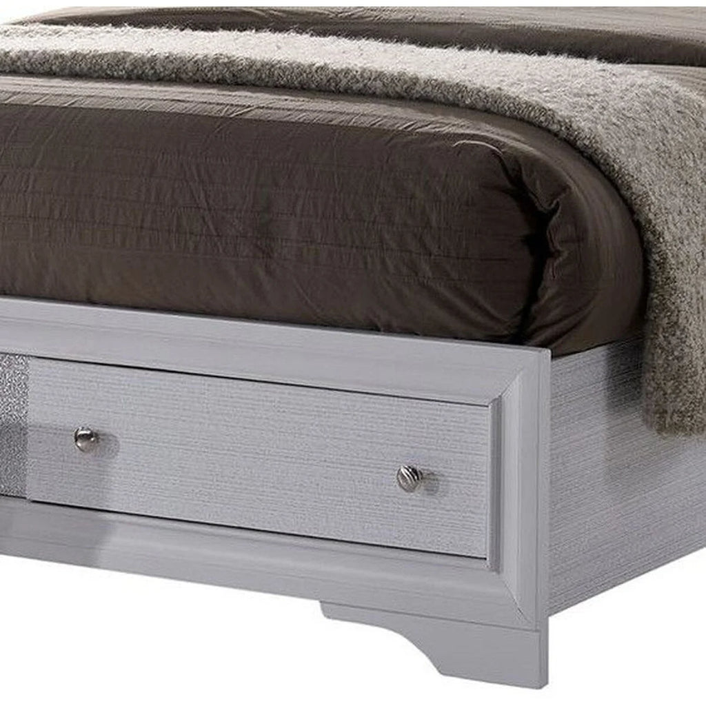 White Panel Design Eastern King Bed with Silver Accents N5370