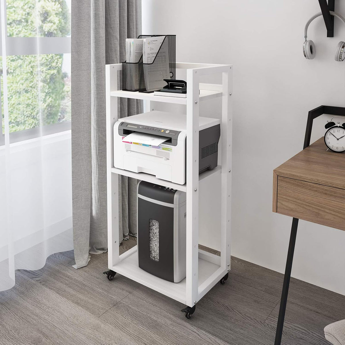 3-Tier Movable Printer Stand with Storage on Wheels White P75282