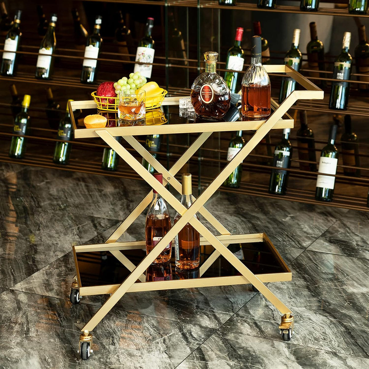Black Gold 2-Tier Rolling Bar Cart Q48975