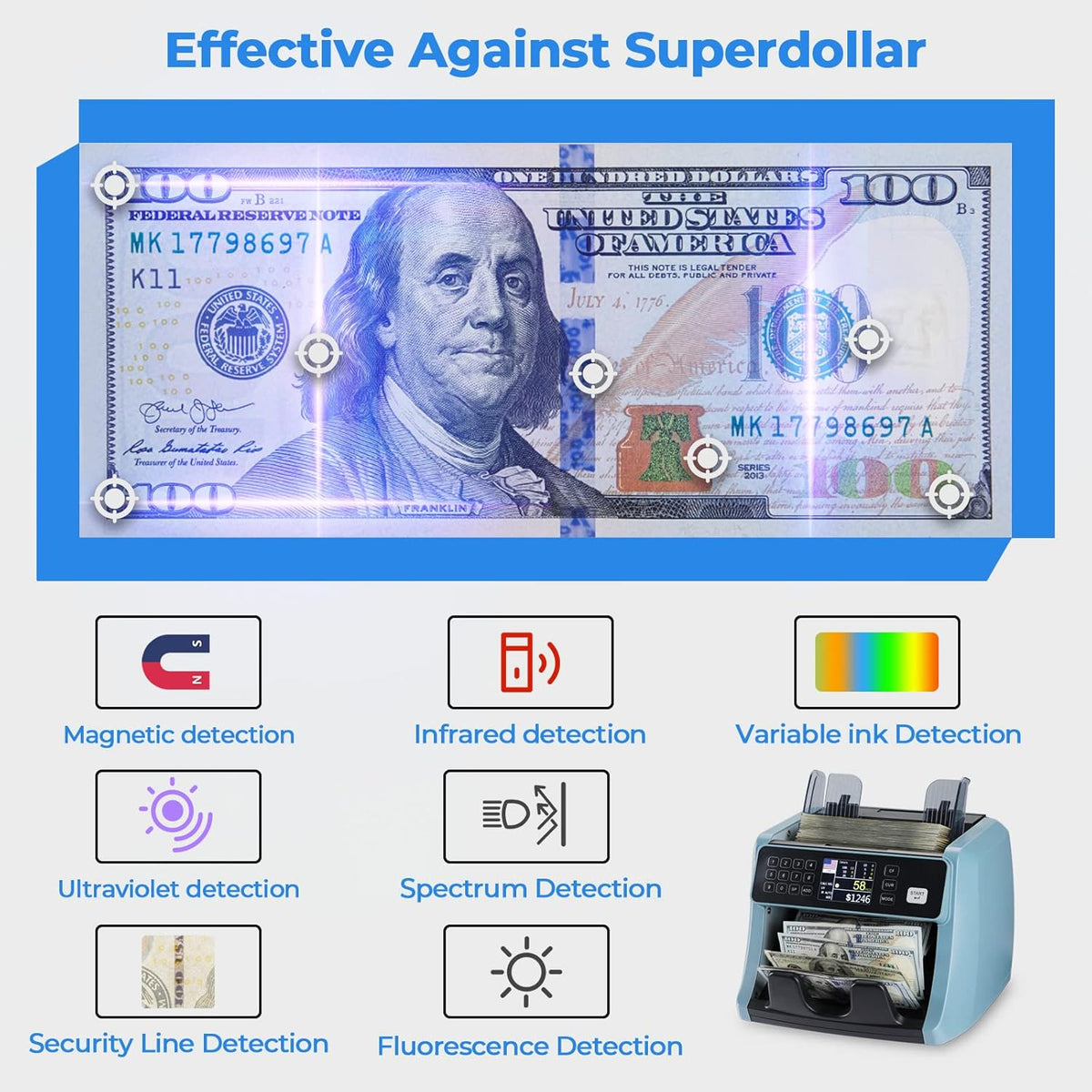 Money Counter Machine with UV/IR/MG/DD Detection U593