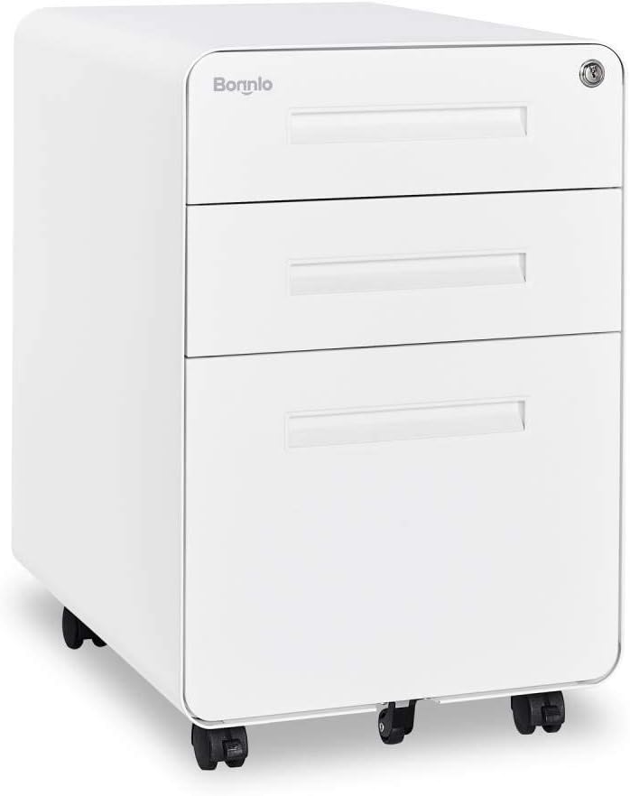 3 Drawer Mobile File Cabinet with Lock, Metal, Black&White D233472