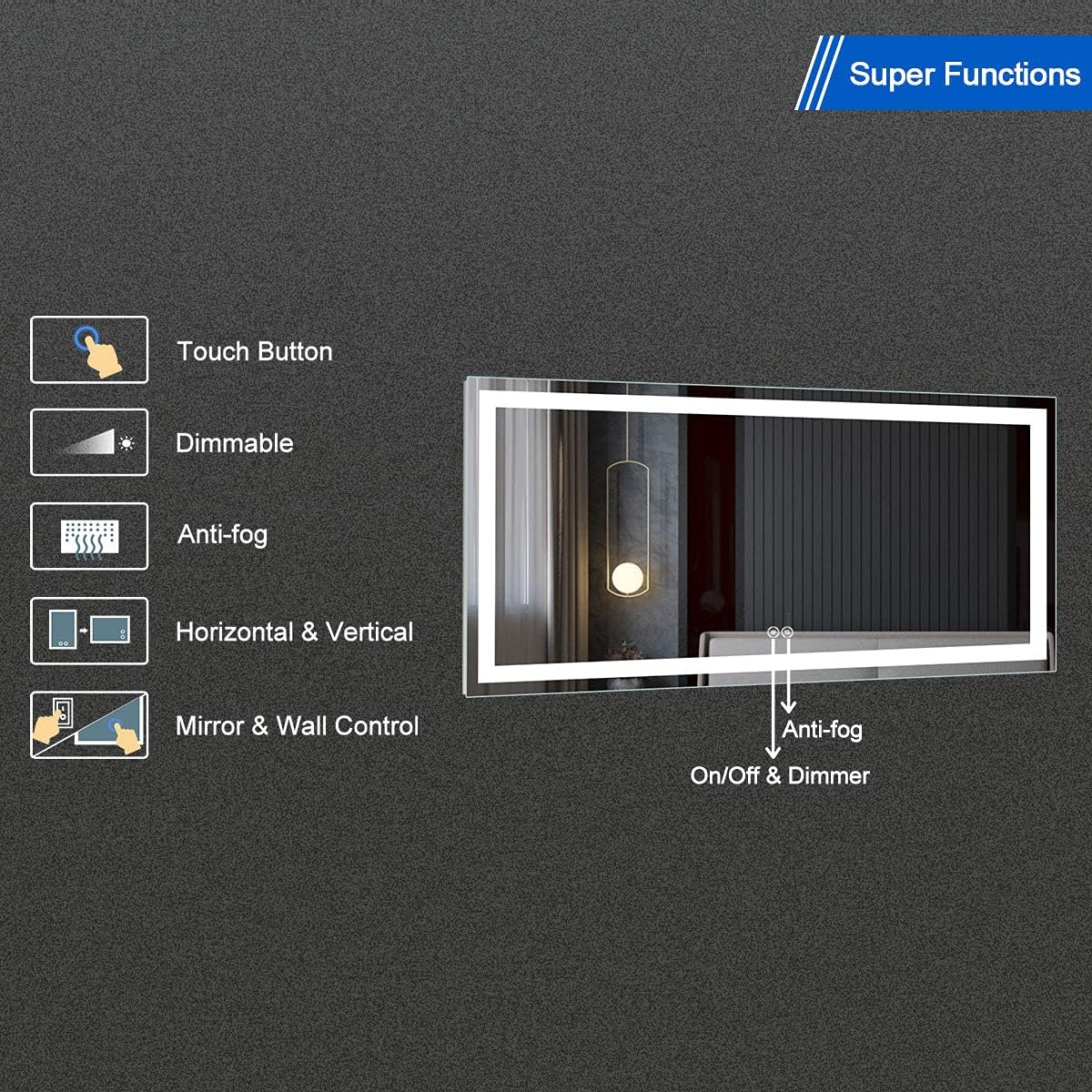Horizontal Dimmable LED Bathroom Mirror with Anti-Fog and Bluetooth B804