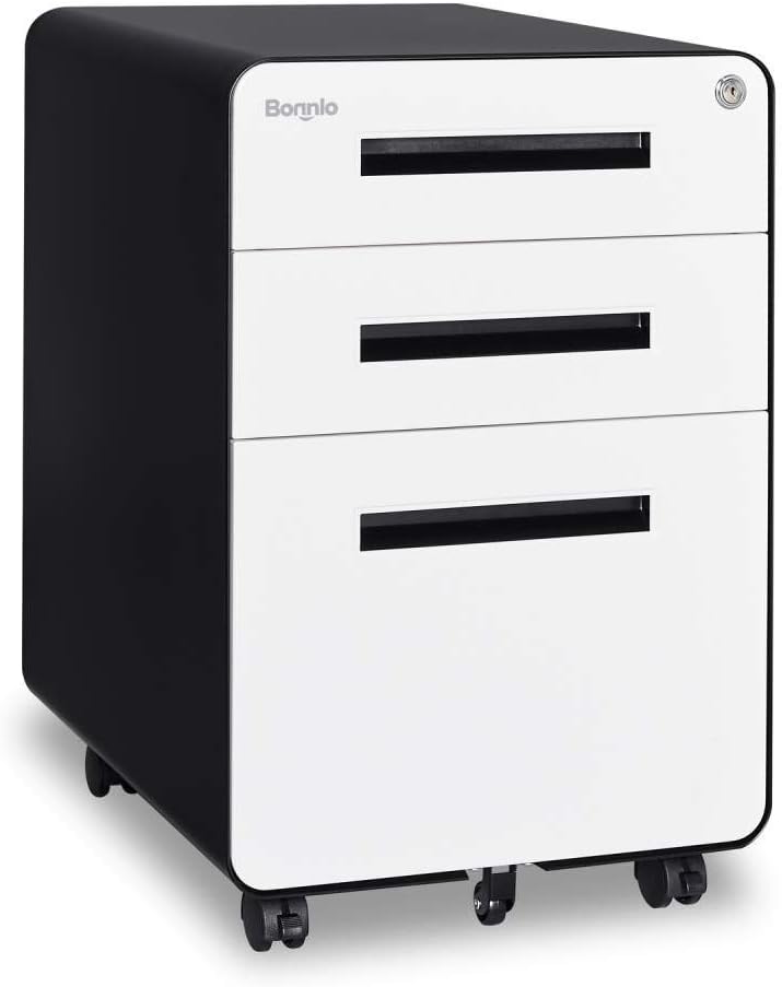 3 Drawer Mobile File Cabinet with Lock, Metal, Black&White D233472