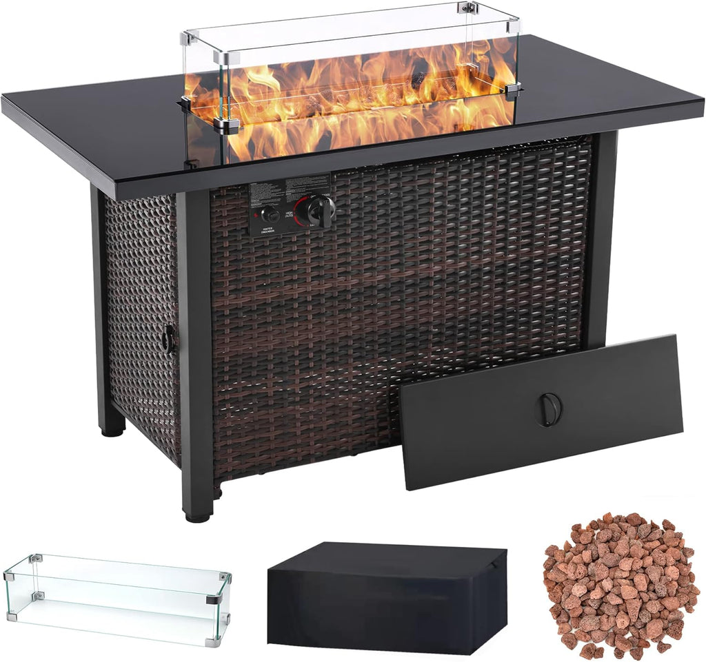 43 Inch 60,000 BTU Propane Gas Fire Pit Table with Glass Wind Guard G18557