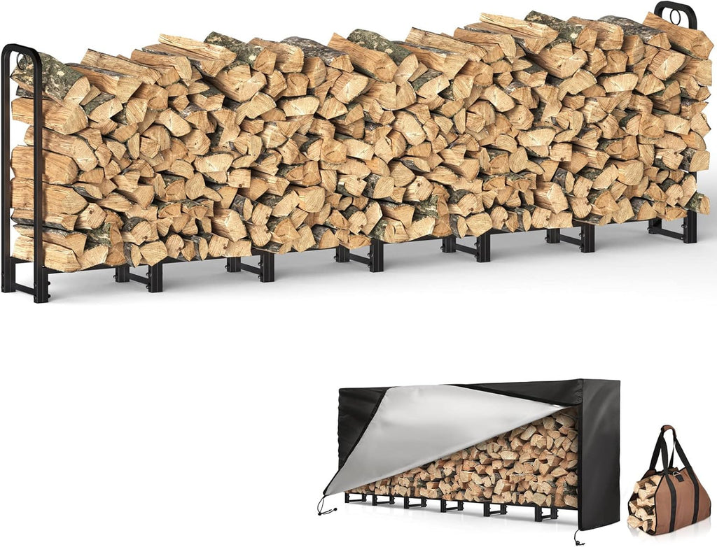 Black Adjustable Firewood Rack with Waterproof Cover Q948742